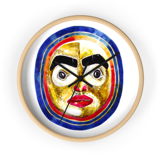 Moon Mask Art Wall Clock — Colorful Tribal Face Decor