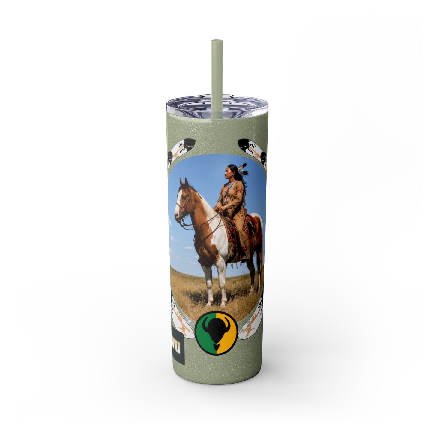 Kiowa Native Warrior on Horse 20oz Skinny Tumbler — Indigenous Heritage Travel Cup with Straw