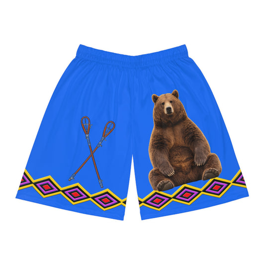 Bear BlueTribal Basketball Shorts — Red AOP Athletic Shorts with Bear & Arrow Motif