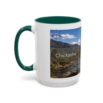 Chickasaw Warrior Statue Scenic Mug — Mythic Landscape Coffee Cup (11oz/15oz)