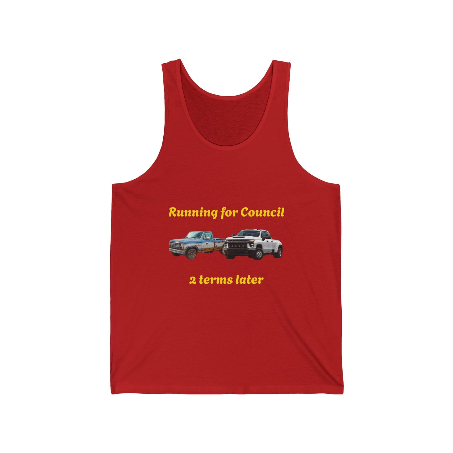 Campaign Tank Top – "Running for Council 2 Terms Later" Political Car Graphic