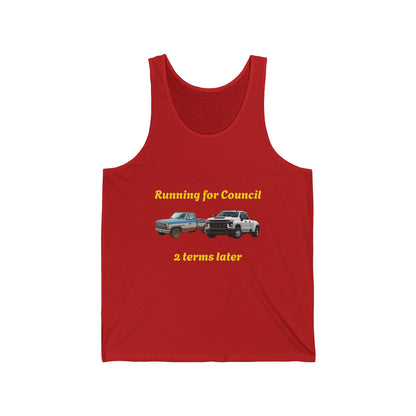 Campaign Tank Top – "Running for Council 2 Terms Later" Political Car Graphic