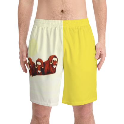 Muskox Men's Beach Shorts — Yellow Canoe Paddle & Otter Graphic Elastic Swim Trunks
