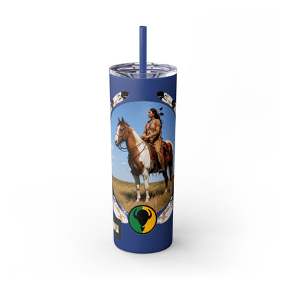Kiowa Native Warrior on Horse 20oz Skinny Tumbler — Indigenous Heritage Travel Cup with Straw