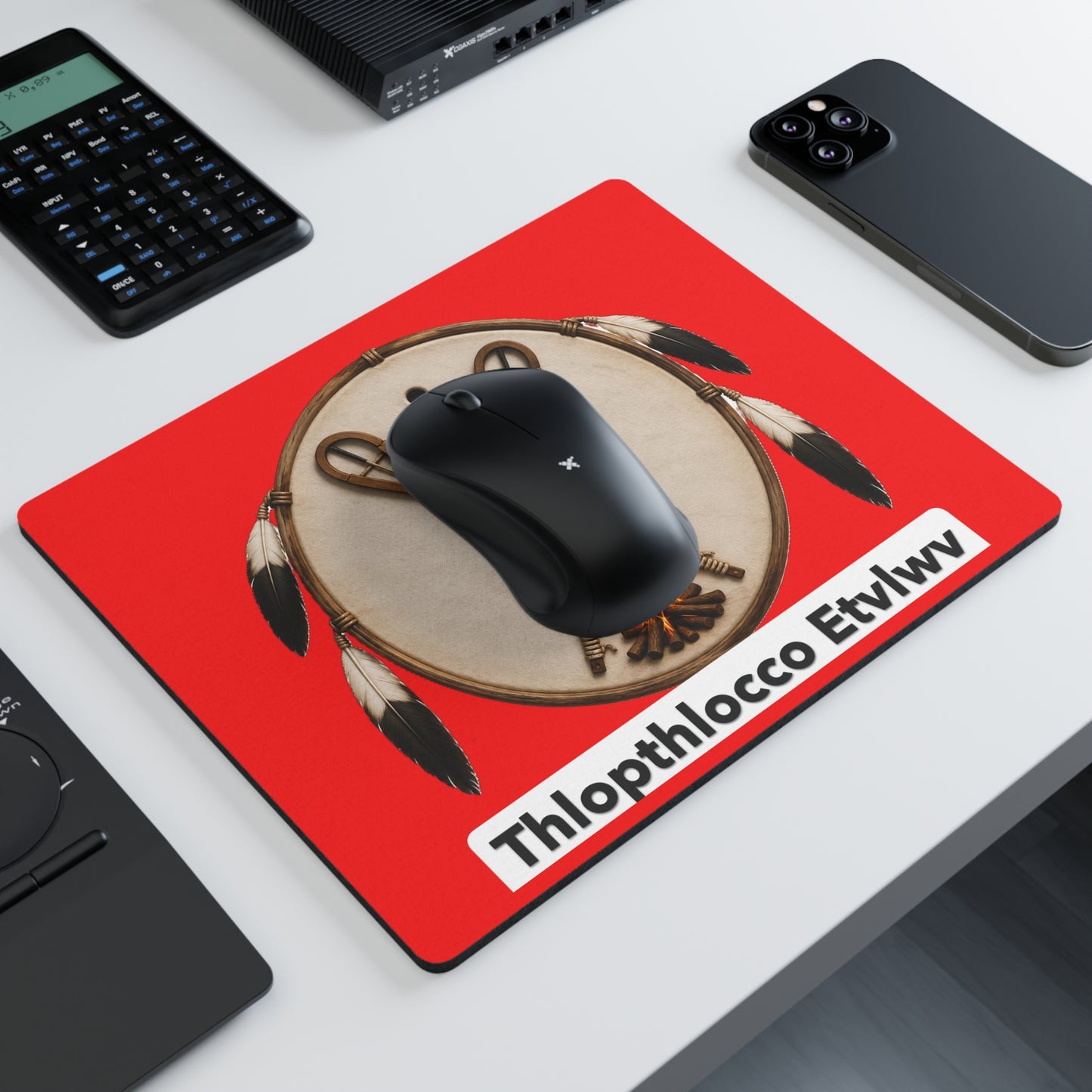 Thlopthlocco Drum & Feathers Rectangular Mouse Pad — Red Native-Inspired Design