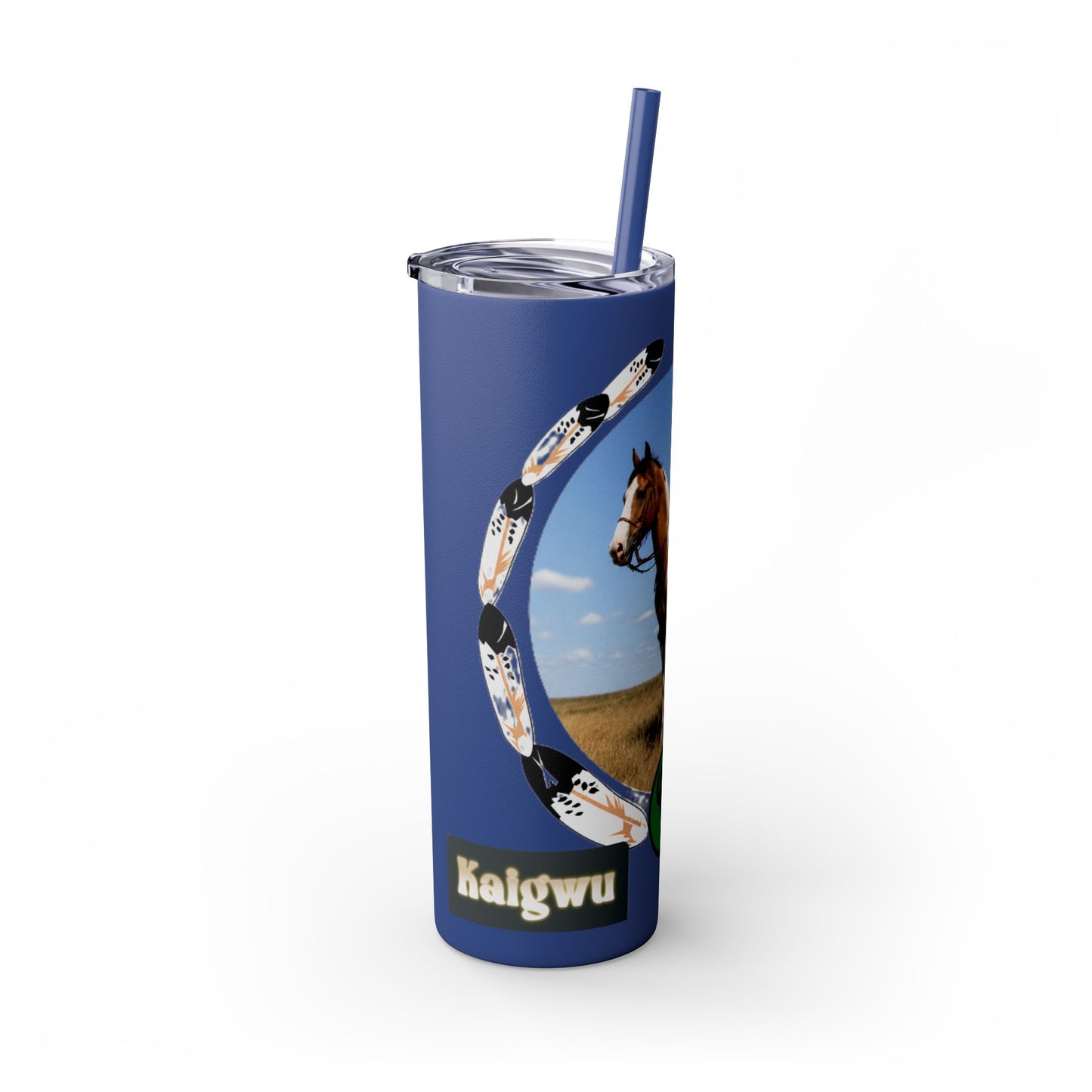 Kiowa Native Warrior on Horse 20oz Skinny Tumbler — Indigenous Heritage Travel Cup with Straw