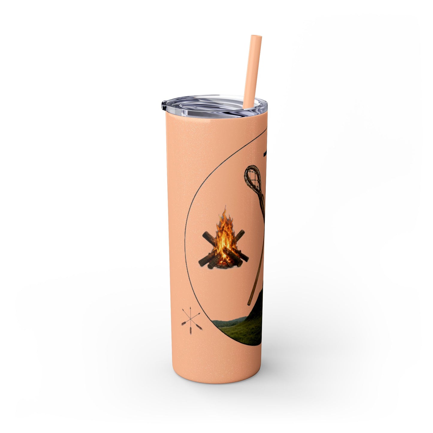 Kialegee 20oz Skinny Tumbler — Faith & Outdoor Lacrosse Design with Cross, Sticks, Campfire