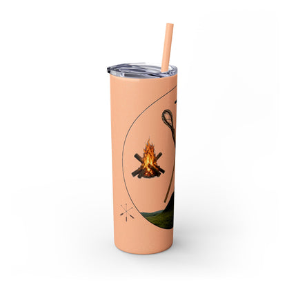 Kialegee 20oz Skinny Tumbler — Faith & Outdoor Lacrosse Design with Cross, Sticks, Campfire