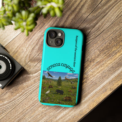 Seneca Cayuga Wildlife iPhone Case — "Keepers of the Western Door" Teal Protective Cover