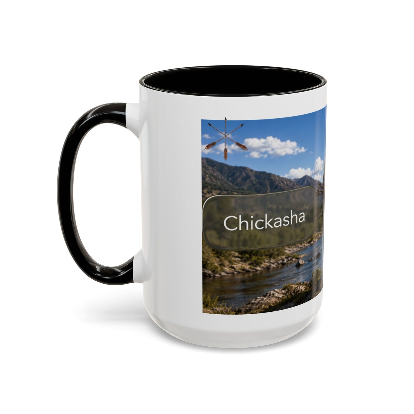 Chickasaw Warrior Statue Scenic Mug — Mythic Landscape Coffee Cup (11oz/15oz)