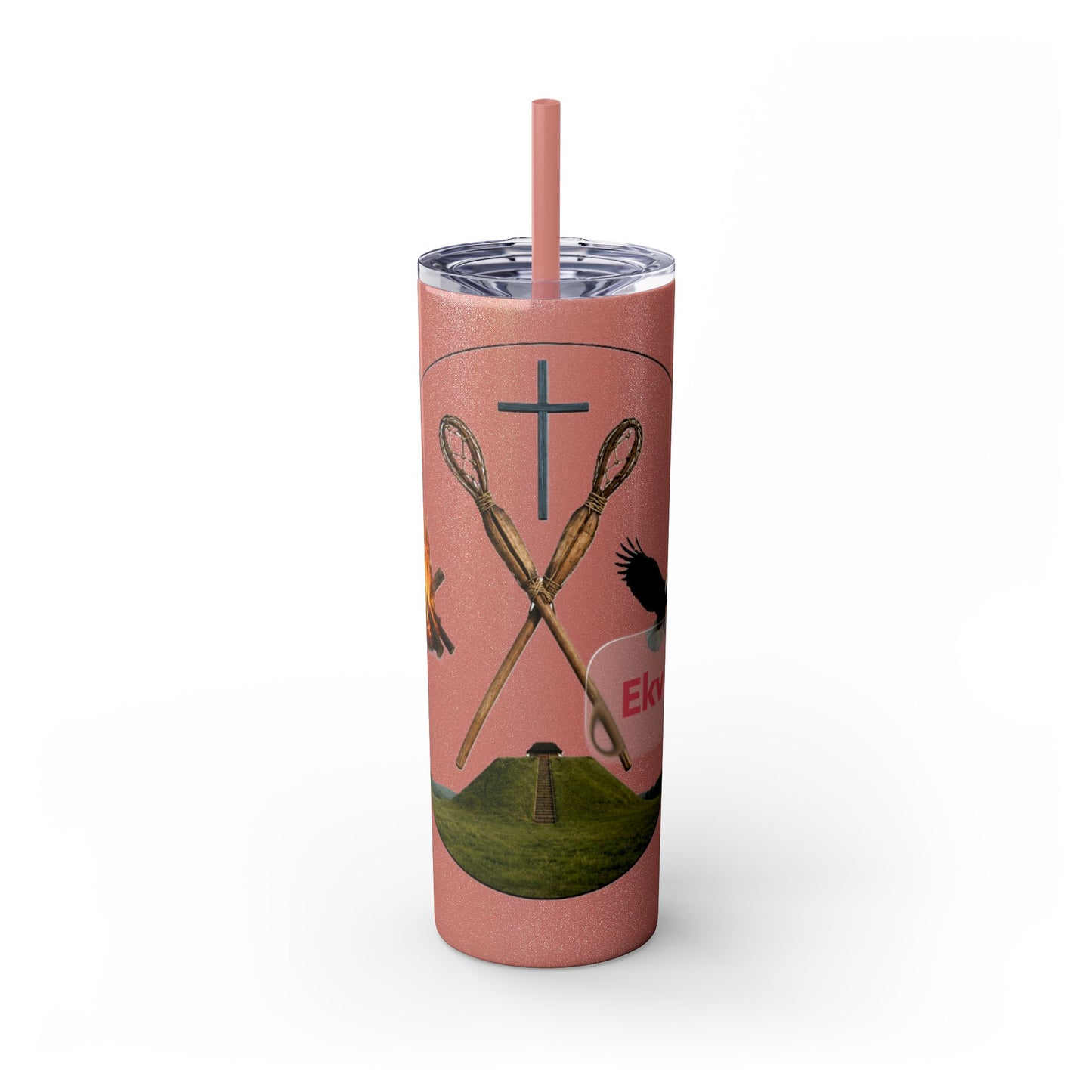 Kialegee 20oz Skinny Tumbler — Faith & Outdoor Lacrosse Design with Cross, Sticks, Campfire