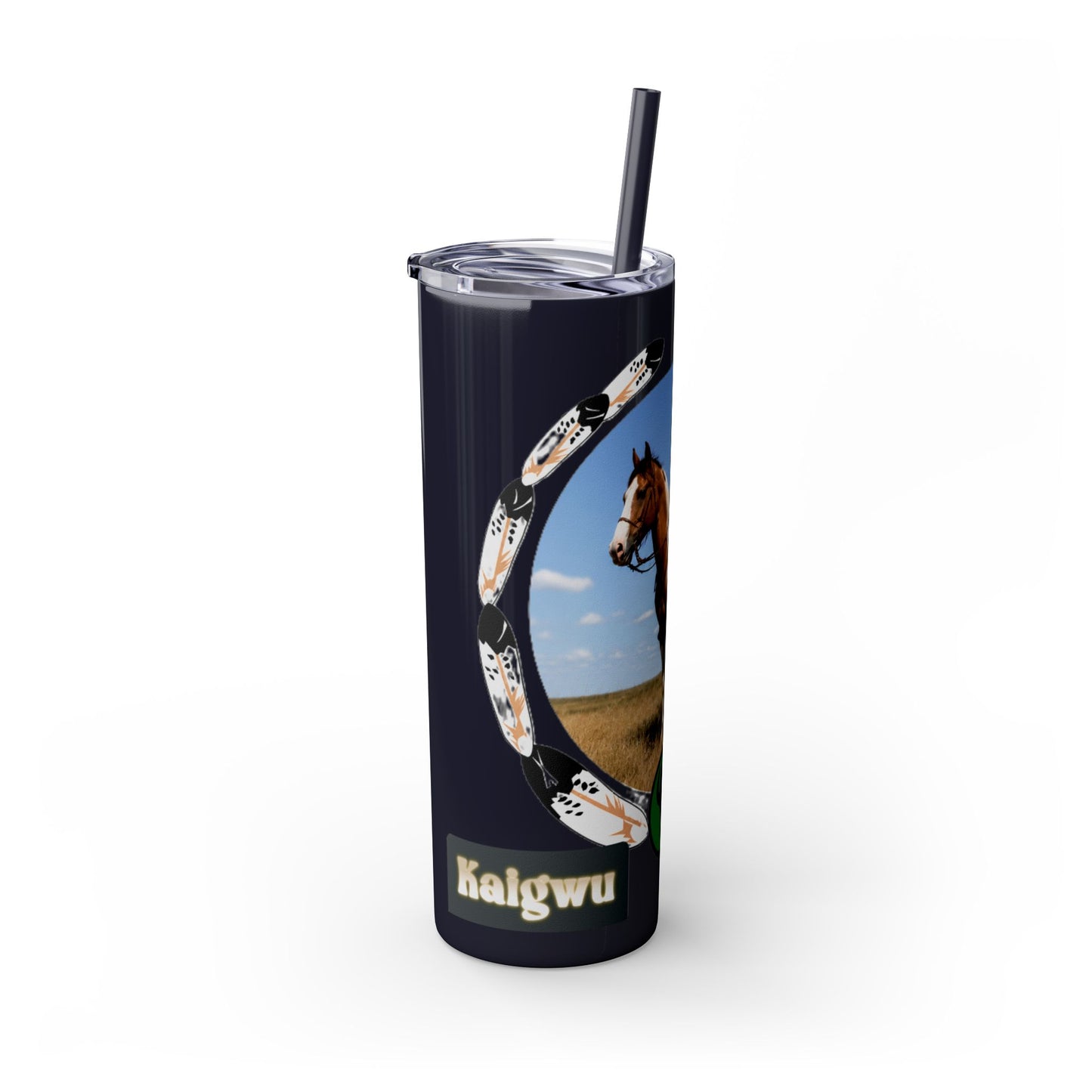 Kiowa Native Warrior on Horse 20oz Skinny Tumbler — Indigenous Heritage Travel Cup with Straw
