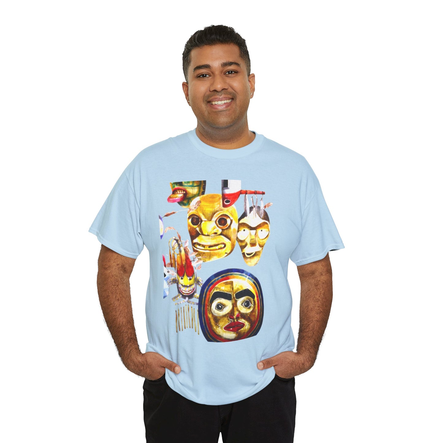 Mask Print Tee — Tribal Mask Artwork T‑Shirt with Arrow Backprint