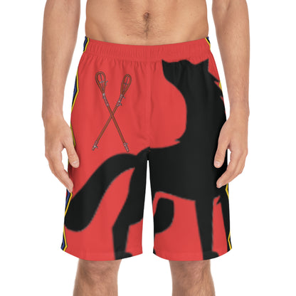 Mvskoke Wolf Silhouette Men's Board Shorts — Black & White Graphic Swim Trunks