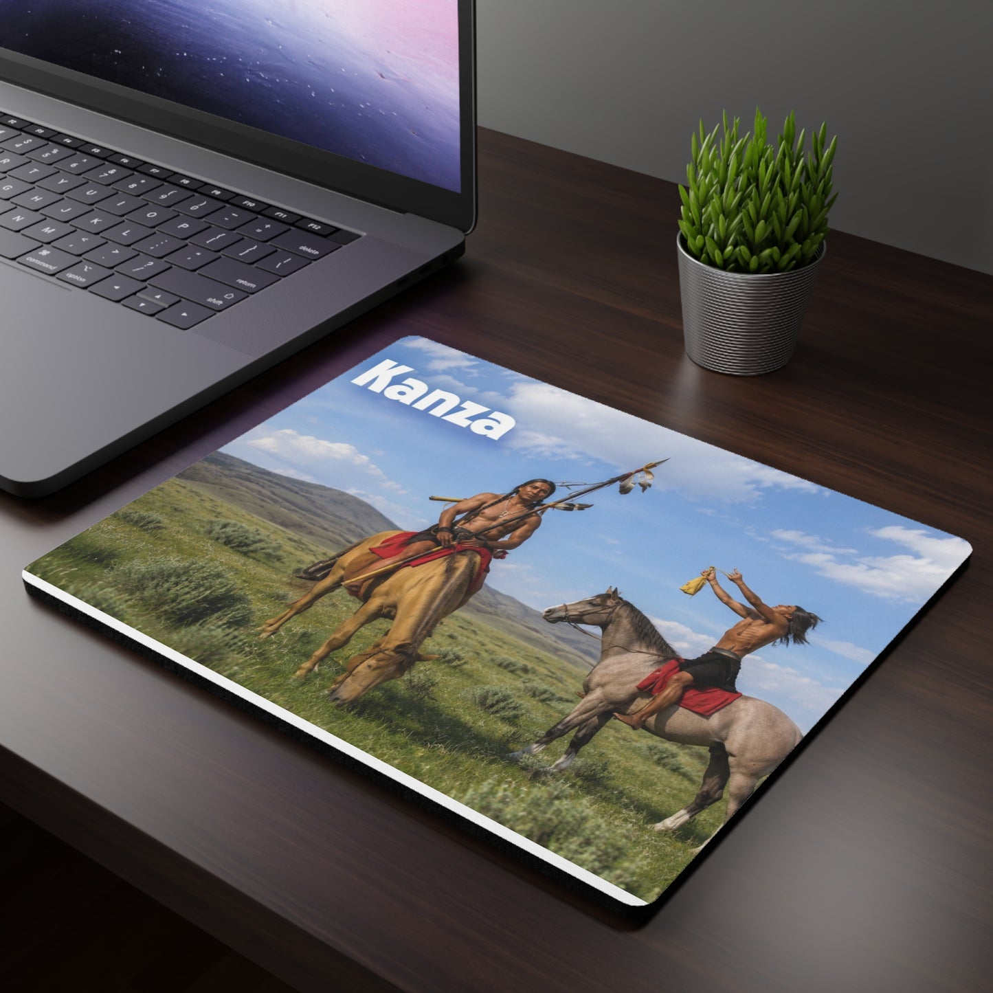 Kaw Kanza Native Riders Rectangular Mouse Pad — Scenic Indigenous History Desk Mat
