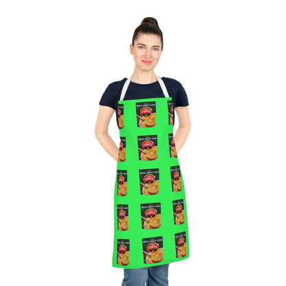 Copes Corn Apron — Retro Canned Sweet Corn Pattern on Bright Green