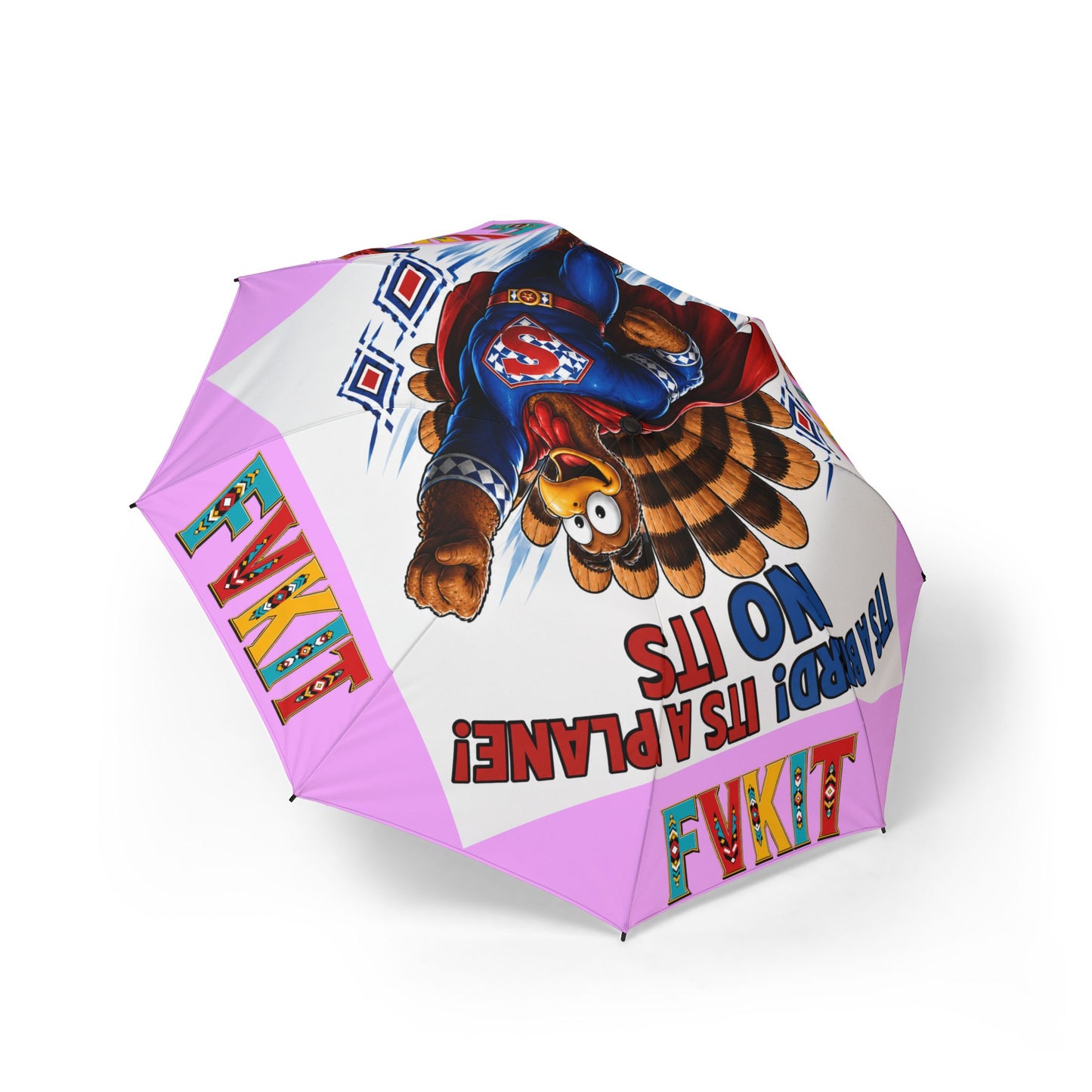 Turkey Foldable Umbrella — Colorful Cartoon Turkey ‘My Body! It’s a Plane? No It’s’ Novelty Travel Umbrella