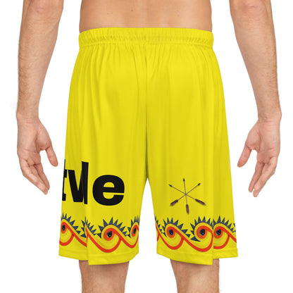 Wind Muscogee Basketball Shorts — Bright Yellow Tribal Lacrosse Graphic AOP