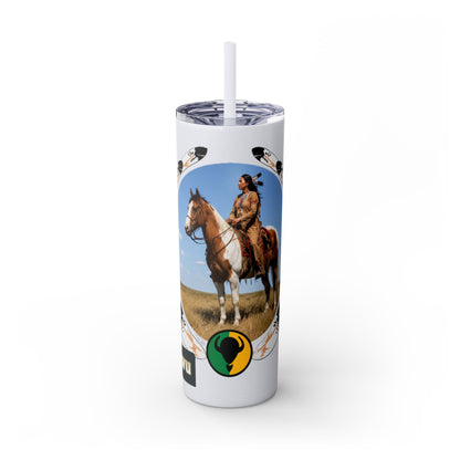 Kiowa Native Warrior on Horse 20oz Skinny Tumbler — Indigenous Heritage Travel Cup with Straw