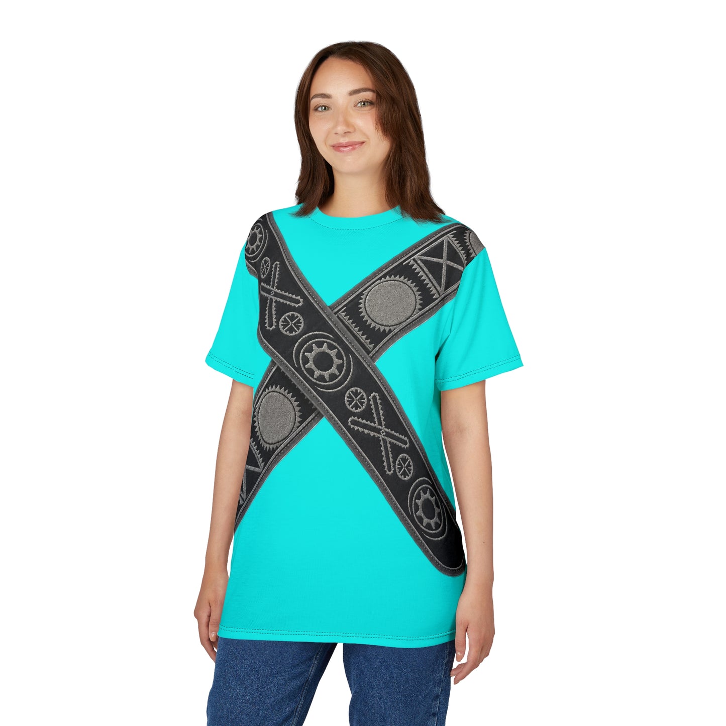 Bandolier Turquoise X Gear Tee — Industrial Steampunk Crossed Belt All-Over Print T‑Shirt