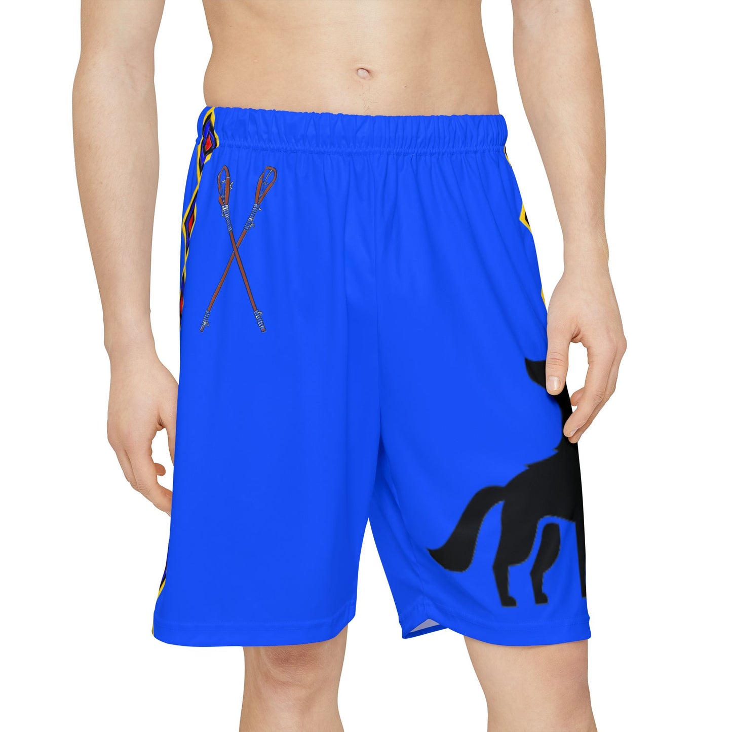 Blue Wolf Mvskoke Graphic Sports Shorts — Red Tribal Print YAHV Athletic Shorts