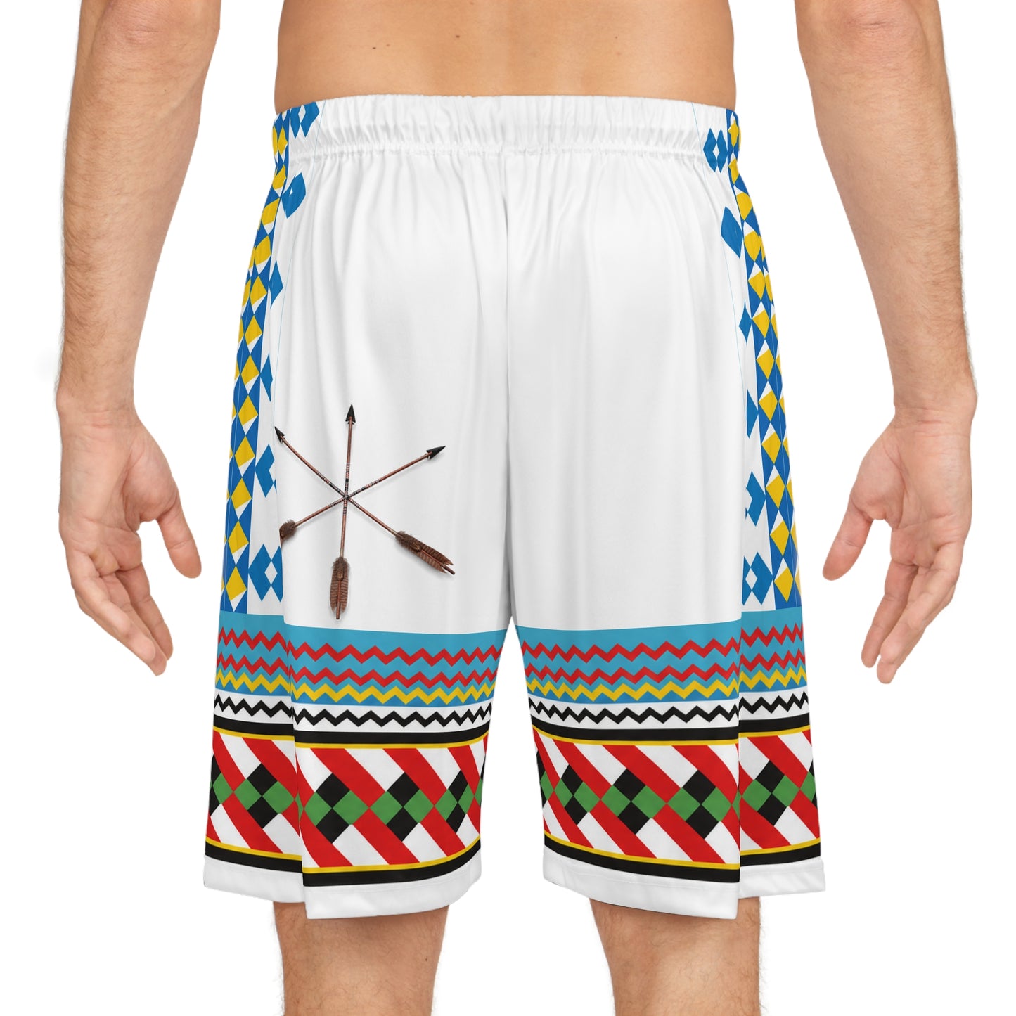Seminole Inspired Pattern Basketball Shorts — Colorful Geometric AOP Athletic Shorts