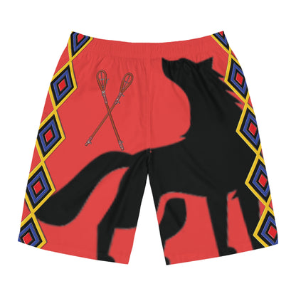 Mvskoke Wolf Silhouette Men's Board Shorts — Black & White Graphic Swim Trunks