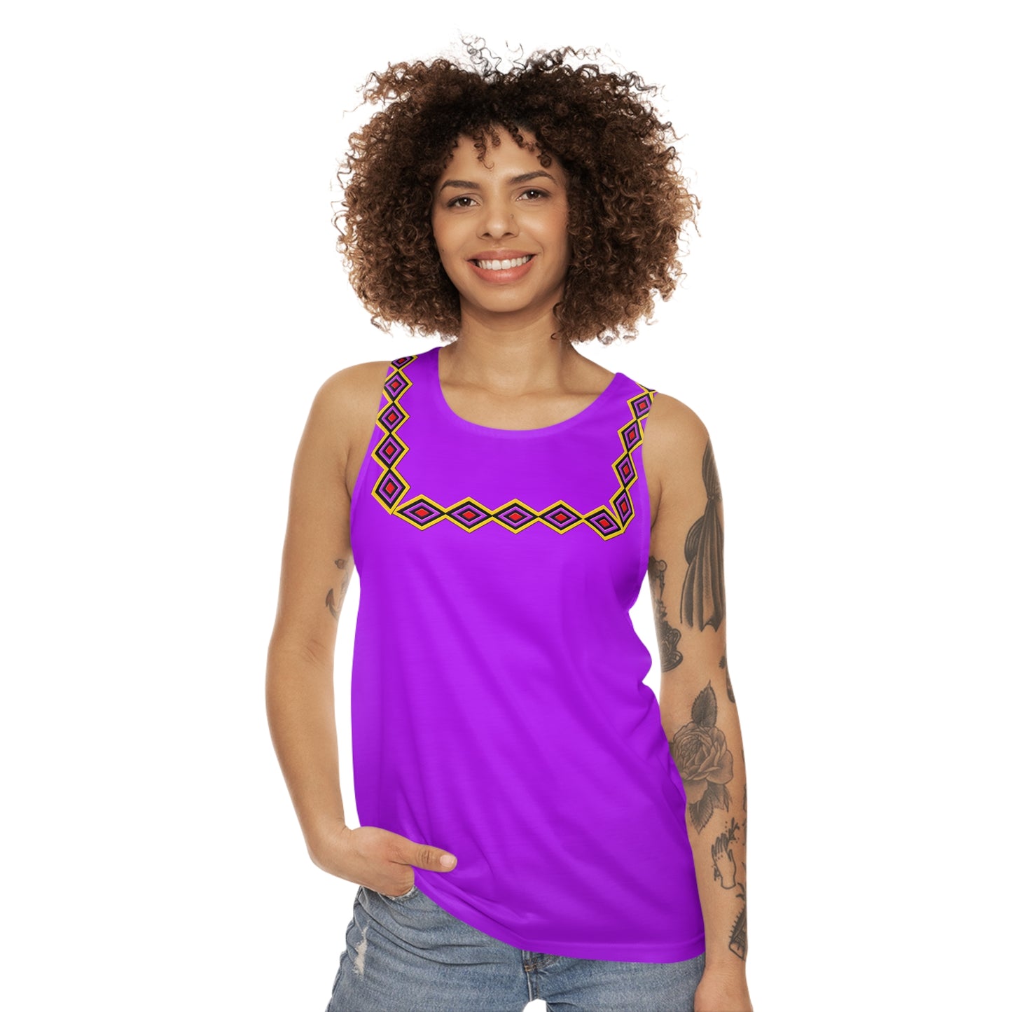 Chahta Purple Geometric Yoke Tank Top — Bold Tribal Diamond Pattern AOP