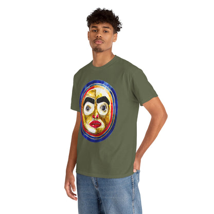 Moon Mask Art Tee — Colorful Surreal Face Graphic T-Shirt