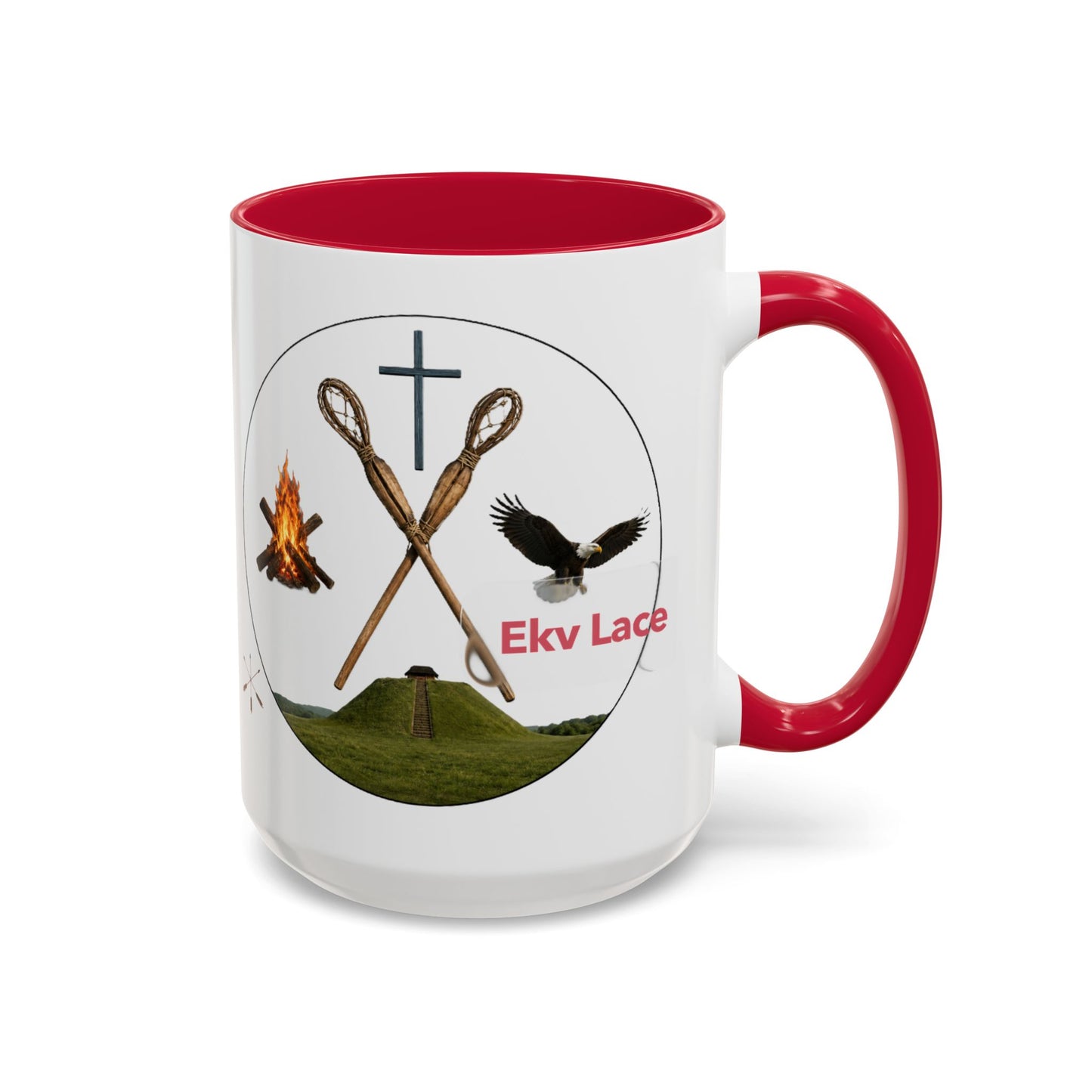 Kialegee Adventure Mug — 'Ekv Lace' Cross, Eagle & Campfire Ceramic Coffee Cup (11oz/15oz)