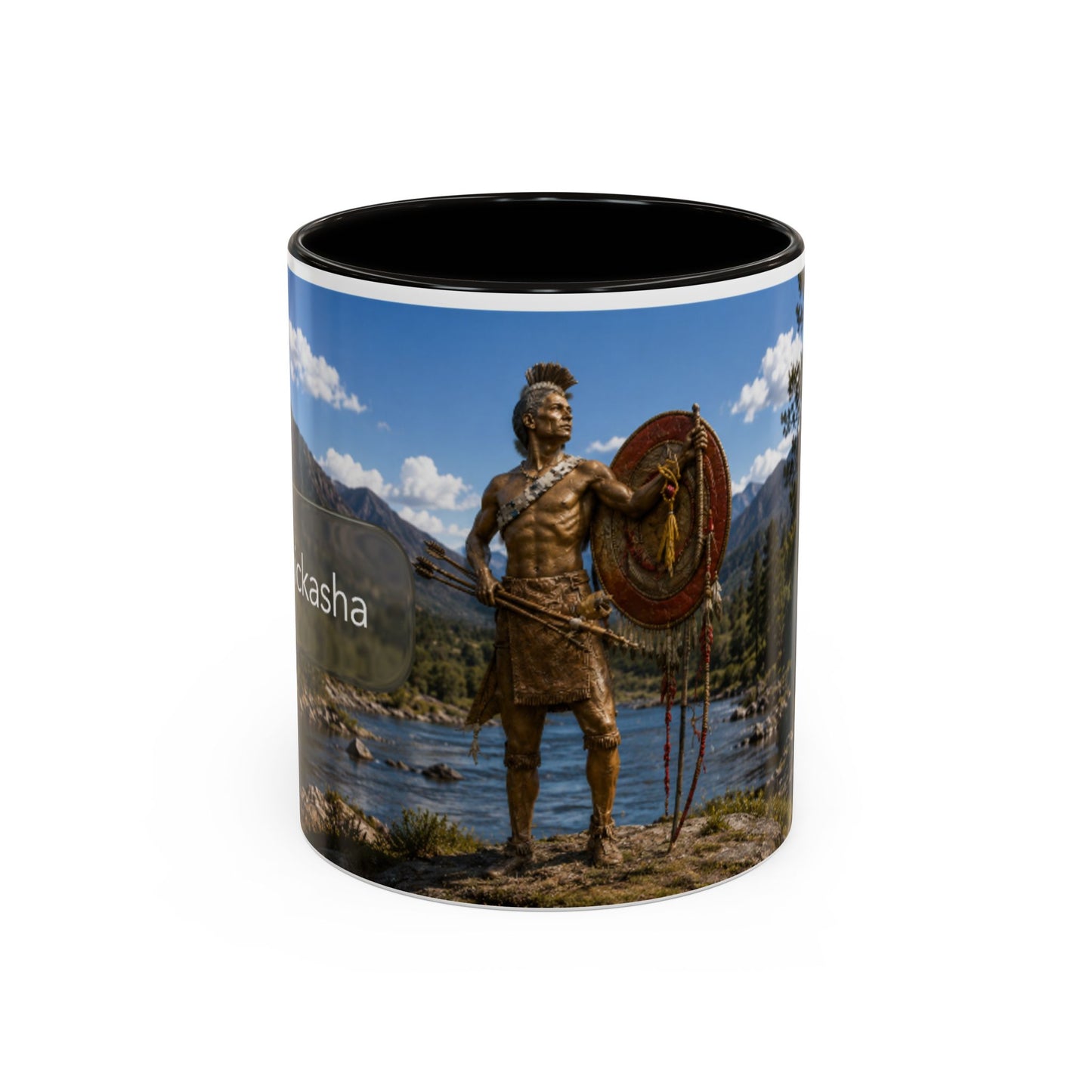 Chickasaw Warrior Statue Scenic Mug — Mythic Landscape Coffee Cup (11oz/15oz)