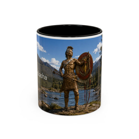 Chickasaw Warrior Statue Scenic Mug — Mythic Landscape Coffee Cup (11oz/15oz)