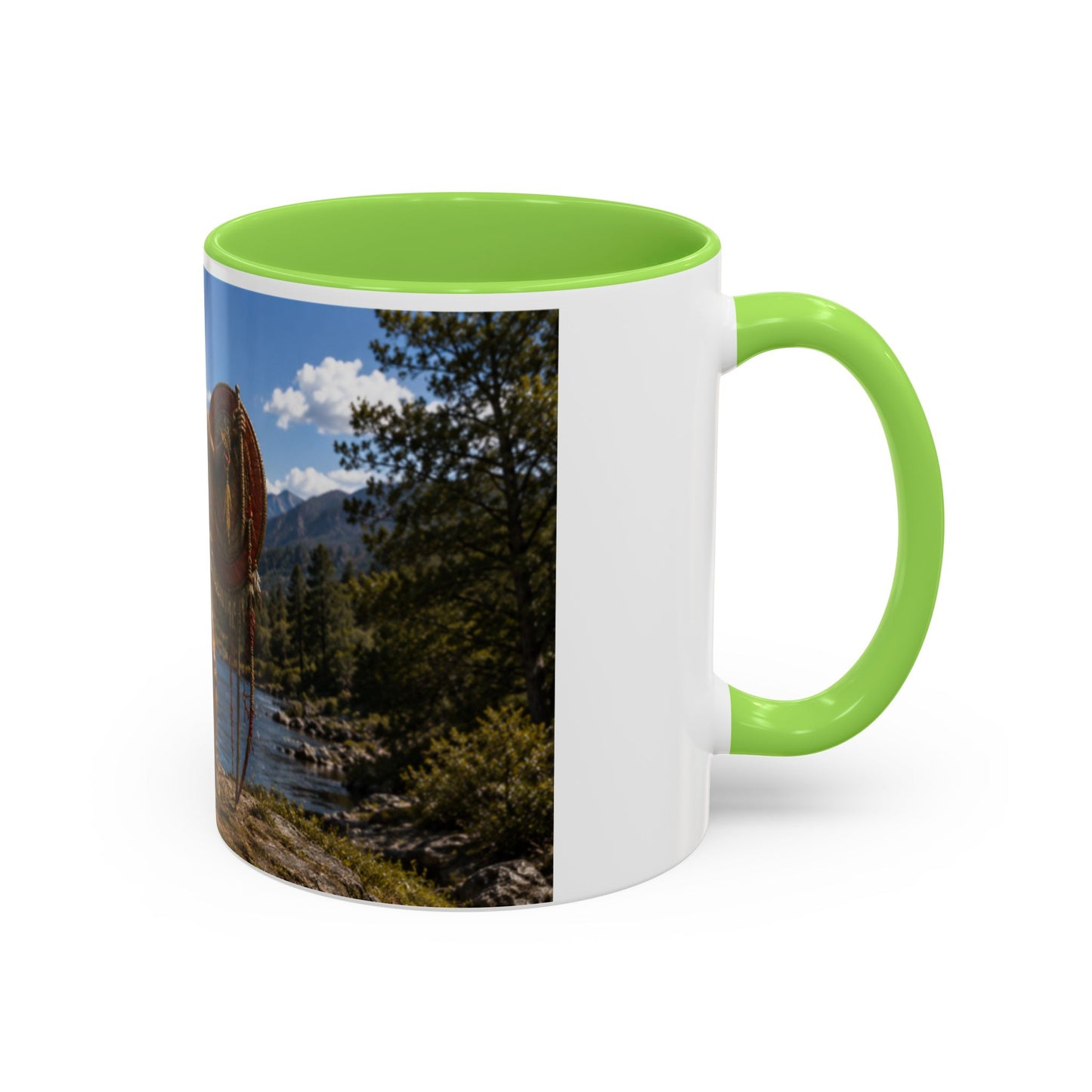 Chickasaw Warrior Statue Scenic Mug — Mythic Landscape Coffee Cup (11oz/15oz)