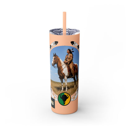 Kiowa Native Warrior on Horse 20oz Skinny Tumbler — Indigenous Heritage Travel Cup with Straw
