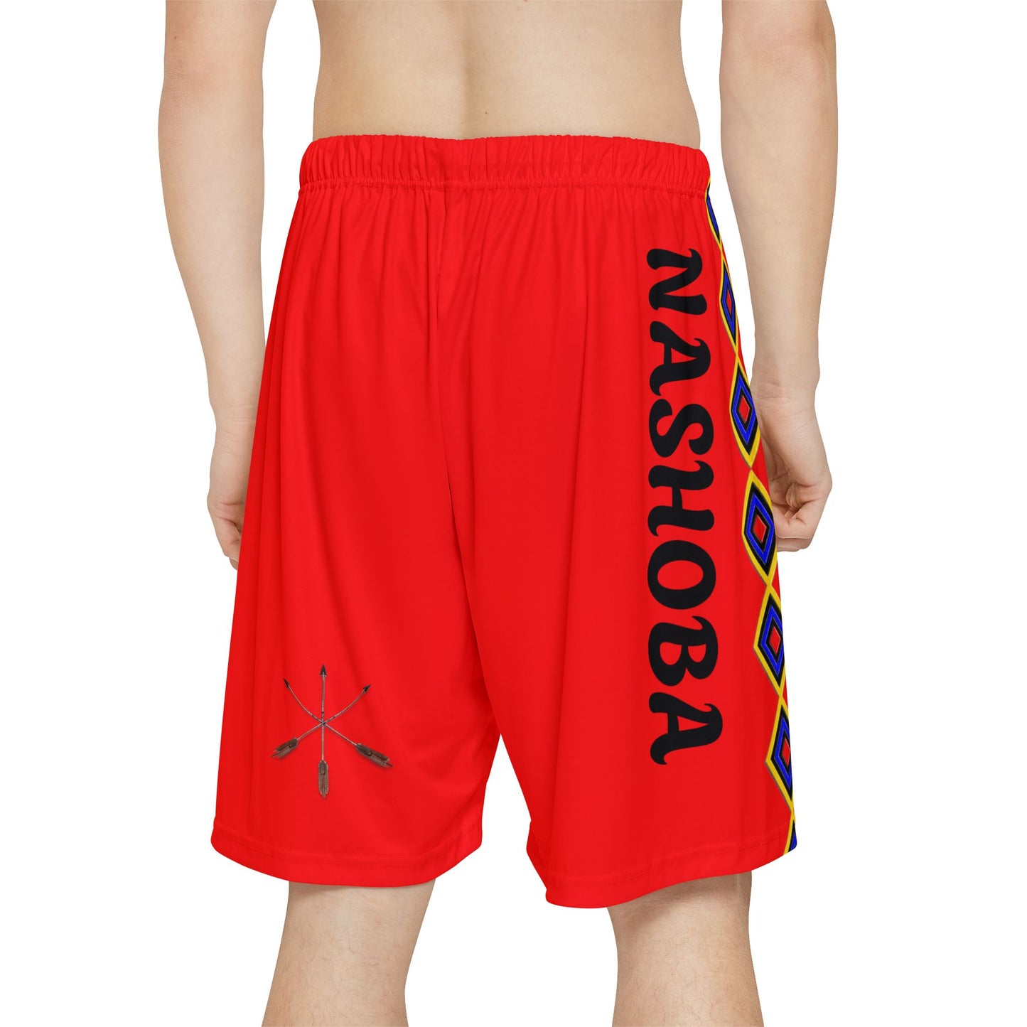 Wolf Choctaw Graphic Sports Shorts — Red Tribal Print "NASHOBA" Athletic Shorts
