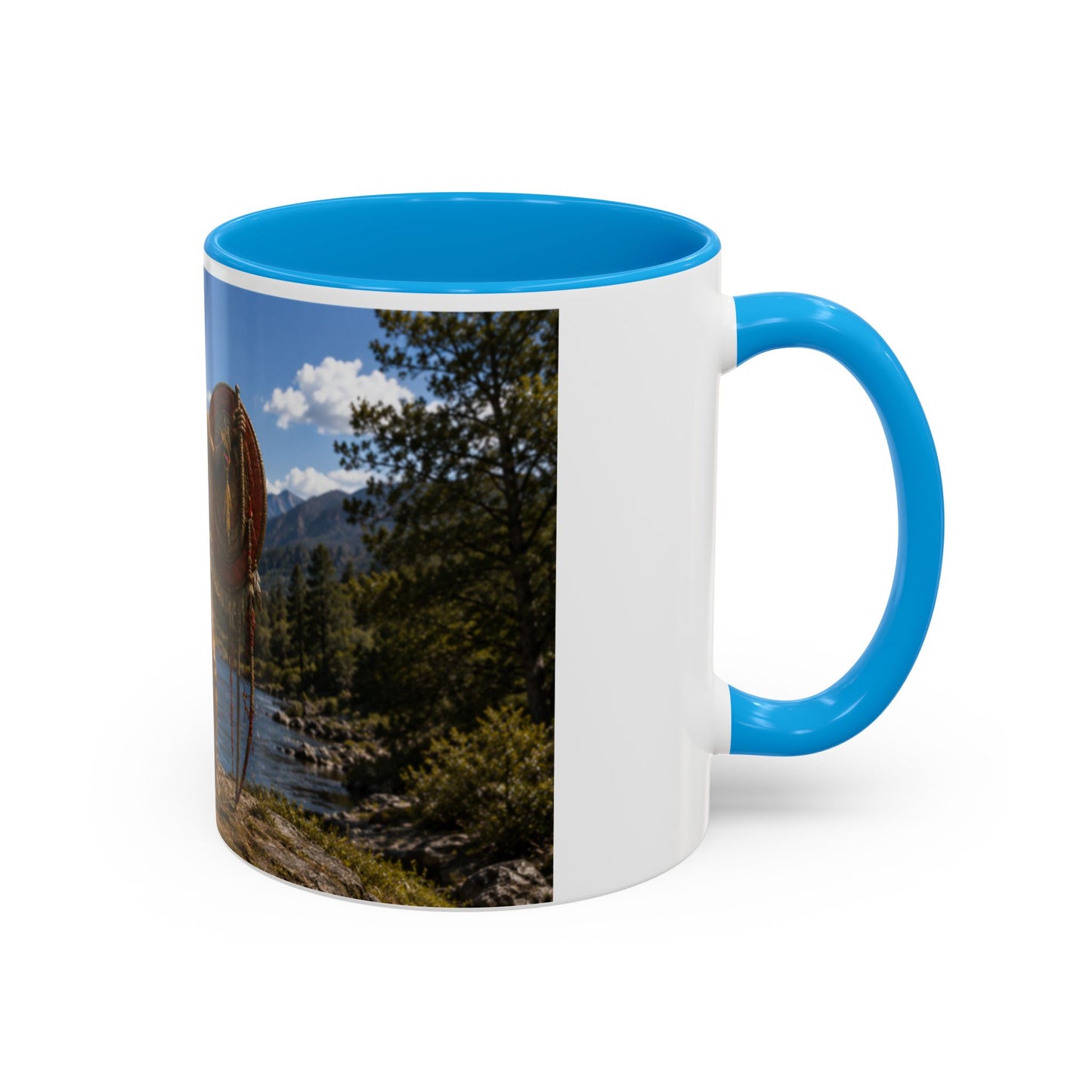 Chickasaw Warrior Statue Scenic Mug — Mythic Landscape Coffee Cup (11oz/15oz)