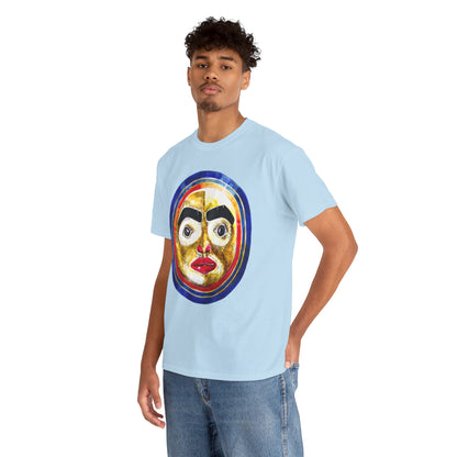 Moon Mask Art Tee — Colorful Surreal Face Graphic T-Shirt