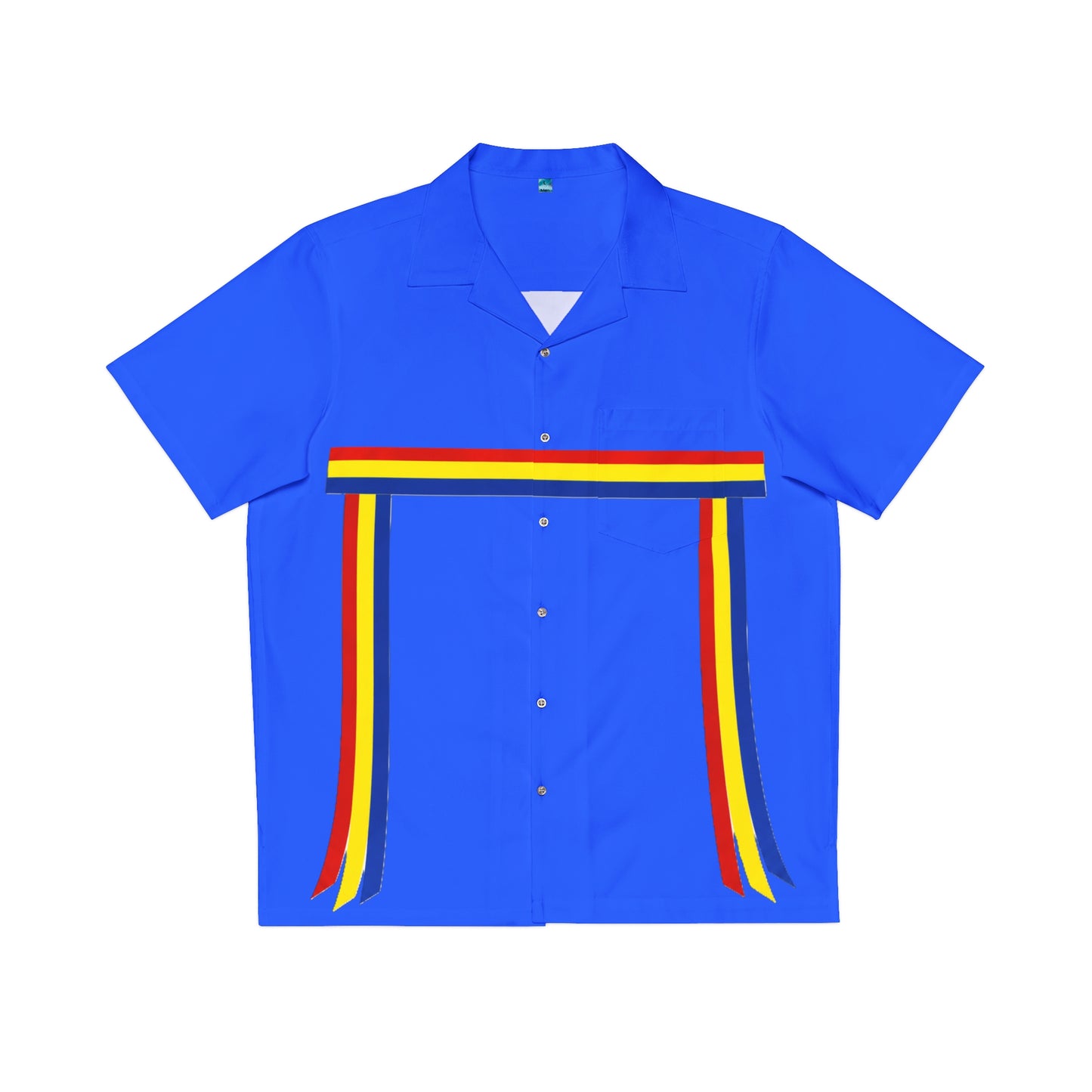 Ribbon Shirt inspired Blue Hawaiian Shirt with Rainbow Ribbon Trim — Men's Aloha Shirt
