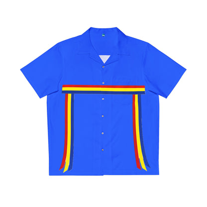 Ribbon Shirt inspired Blue Hawaiian Shirt with Rainbow Ribbon Trim — Men's Aloha Shirt