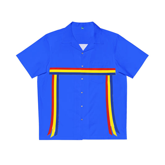 Ribbon Shirt inspired Blue Hawaiian Shirt with Rainbow Ribbon Trim — Men's Aloha Shirt