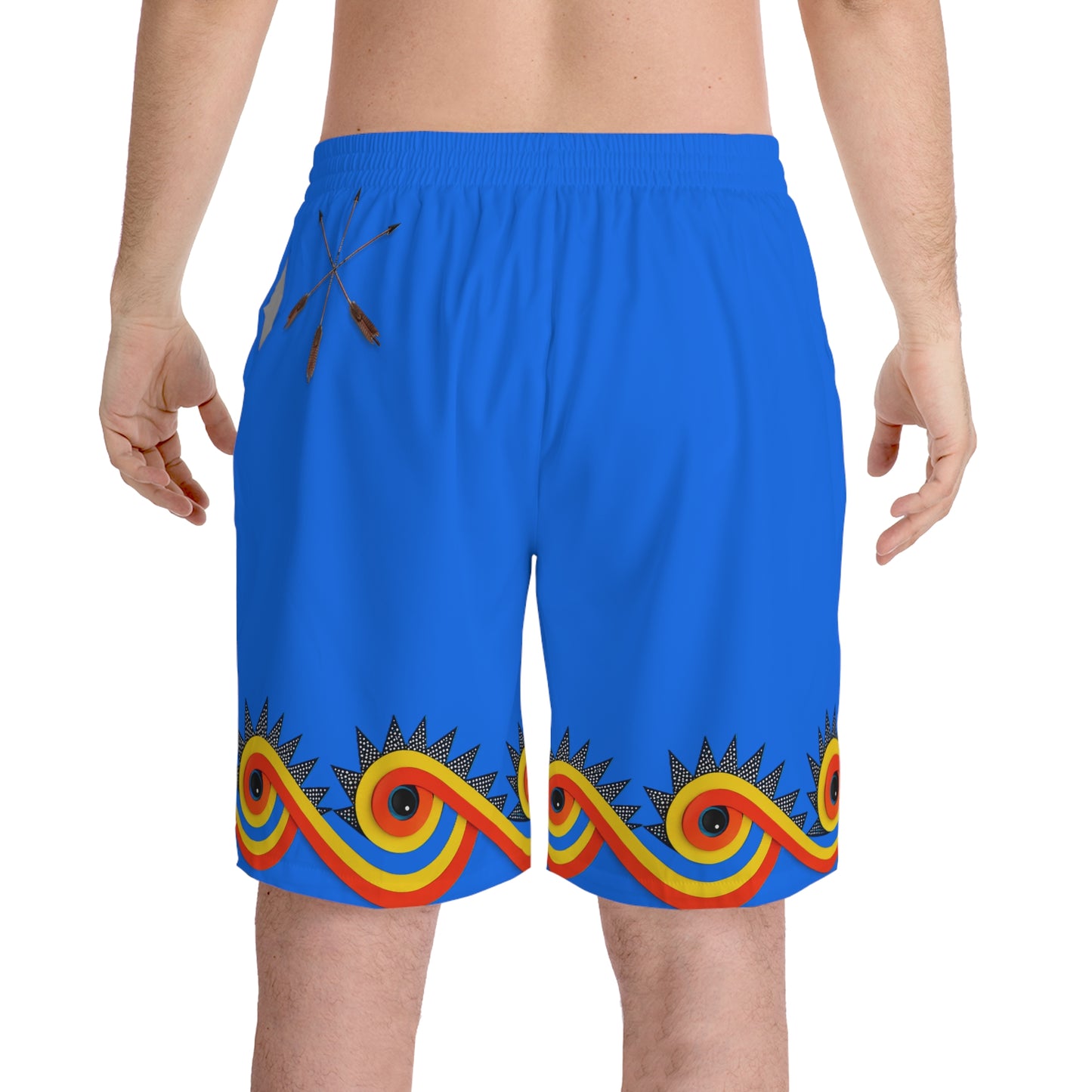 Men's Beach Shorts — Blue Surf Pattern with Paddle & Retro Wave Border