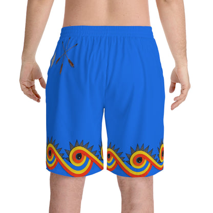 Men's Beach Shorts — Blue Surf Pattern with Paddle & Retro Wave Border