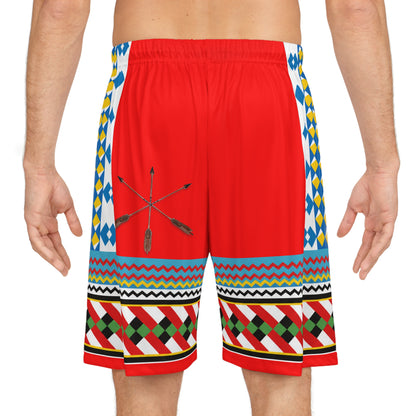 Red Seminole Inspired Pattern Basketball Shorts — Colorful Geometric AOP Athletic Shorts