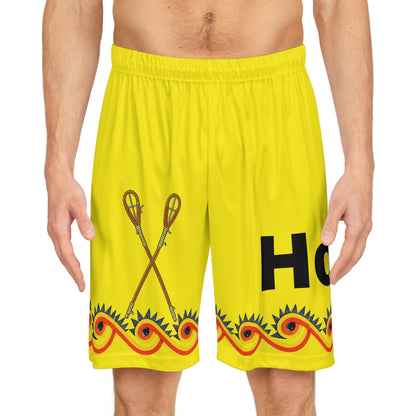 Wind Muscogee Basketball Shorts — Bright Yellow Tribal Lacrosse Graphic AOP
