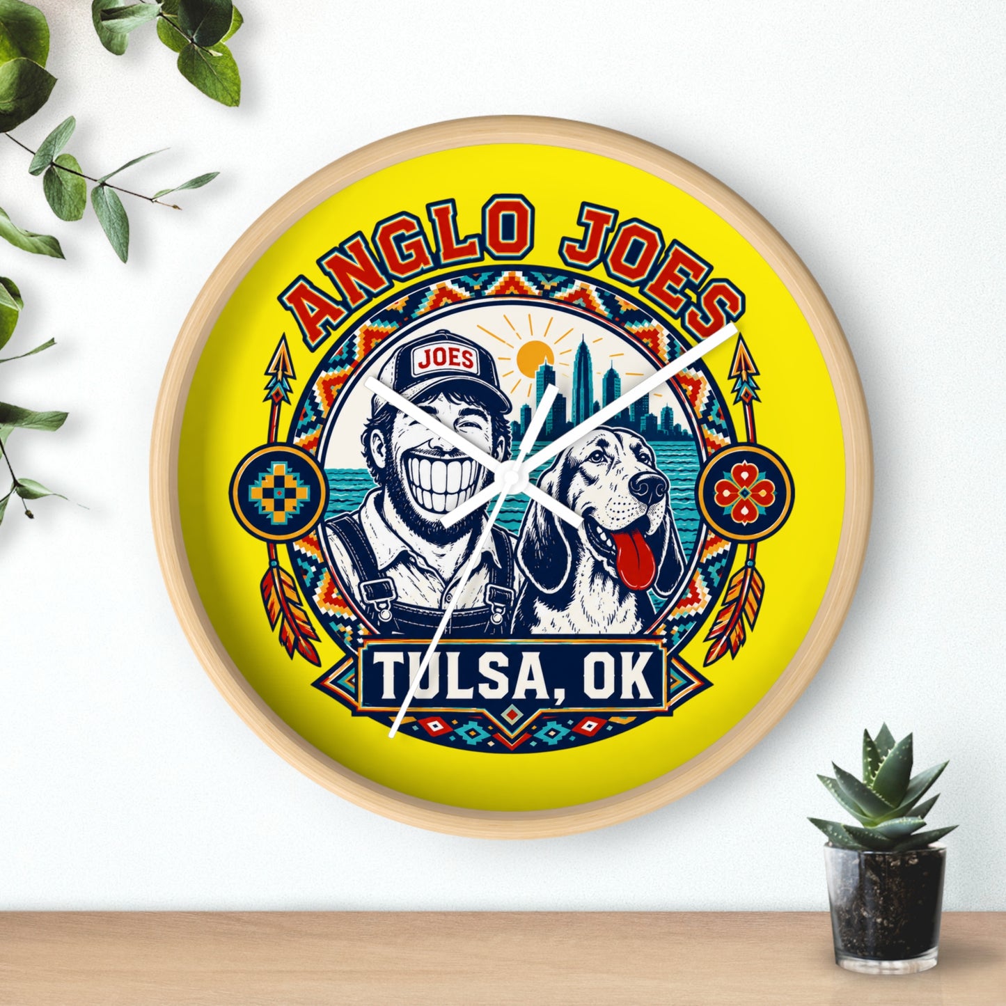 Anglo Joes Tulsa OK Decorative Wall Clock — Retro Cityscape Dog Logo