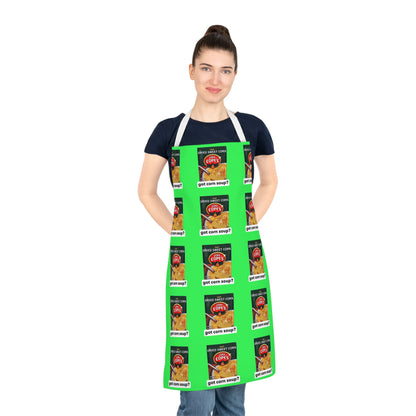 Copes Corn Apron — Retro Canned Sweet Corn Pattern on Bright Green