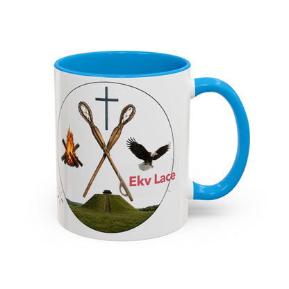 Kialegee Adventure Mug — 'Ekv Lace' Cross, Eagle & Campfire Ceramic Coffee Cup (11oz/15oz)