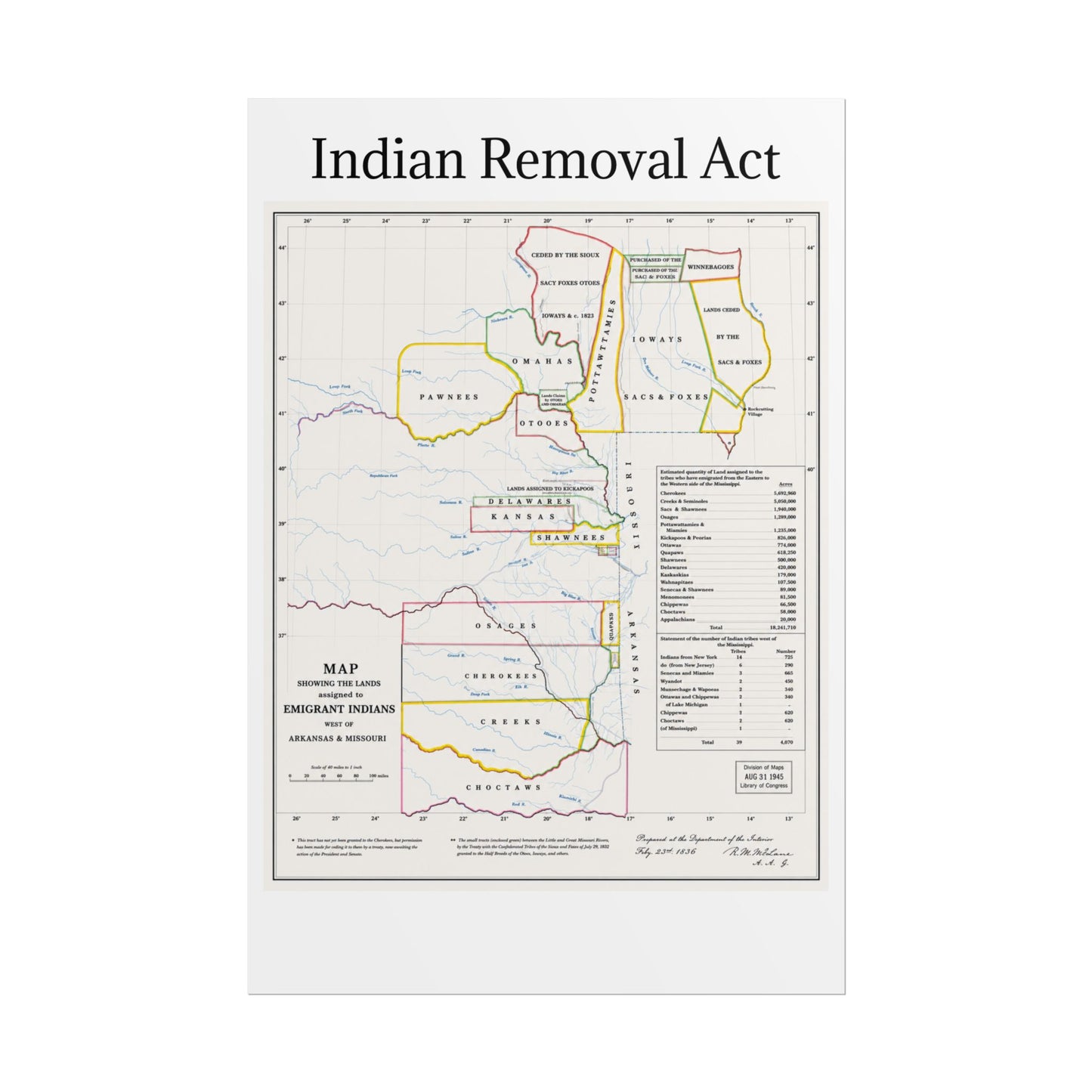 Indian Removal Act Historical Map Poster — Rolled Vintage Map Wall Art