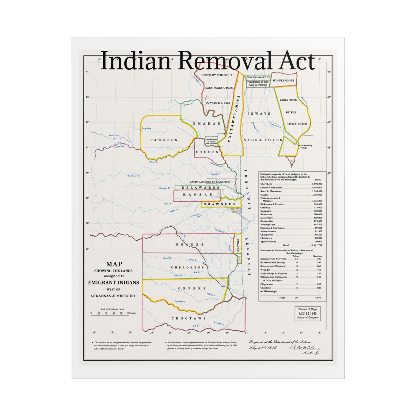 Indian Removal Act Historical Map Poster — Rolled Vintage Map Wall Art