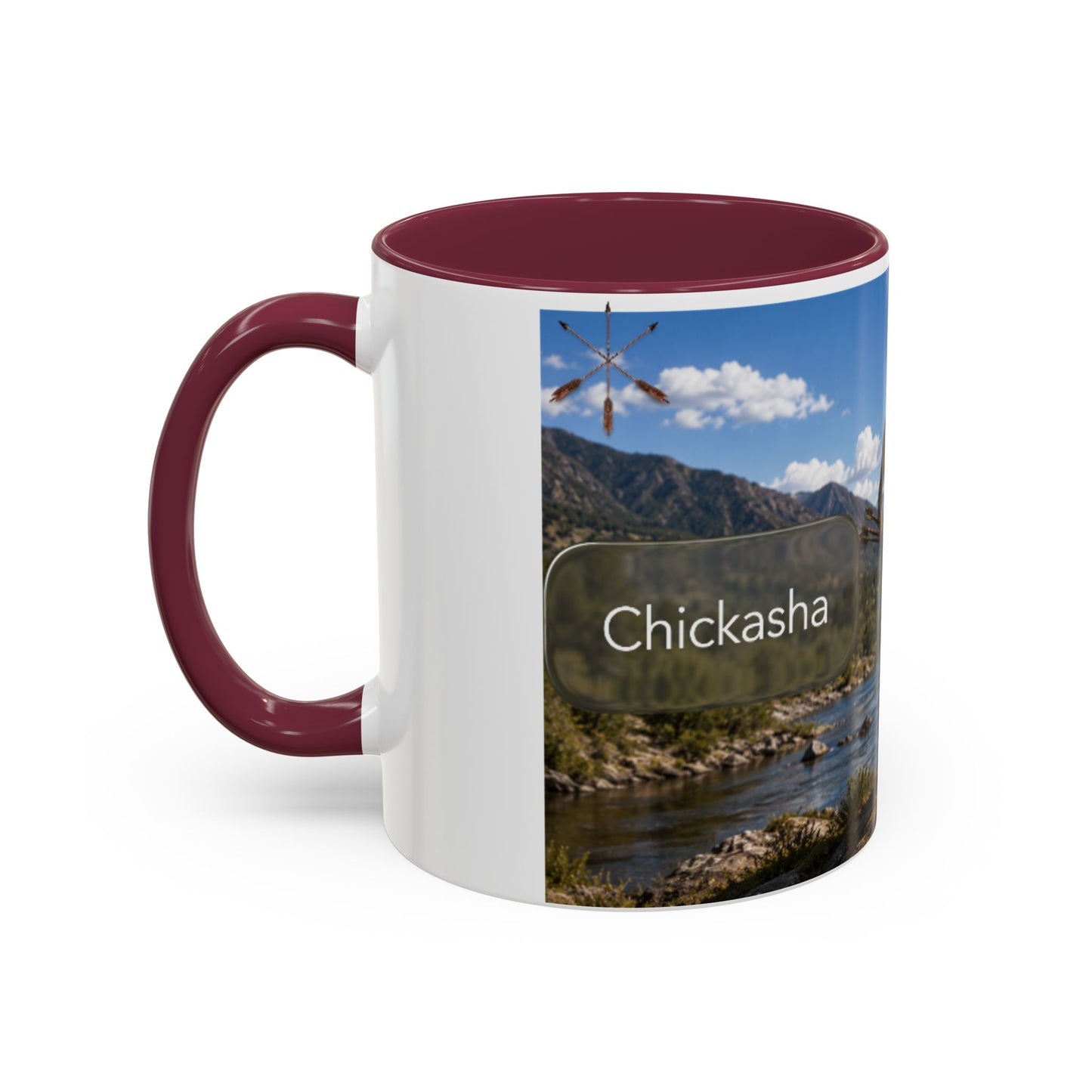 Chickasaw Warrior Statue Scenic Mug — Mythic Landscape Coffee Cup (11oz/15oz)